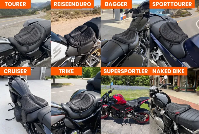 SelleZen auf acht Motorradtypen: Tourer, Reiseenduro, Bagger, Sporttourer, Cruiser, Trike, Supersportler, Naked Bike